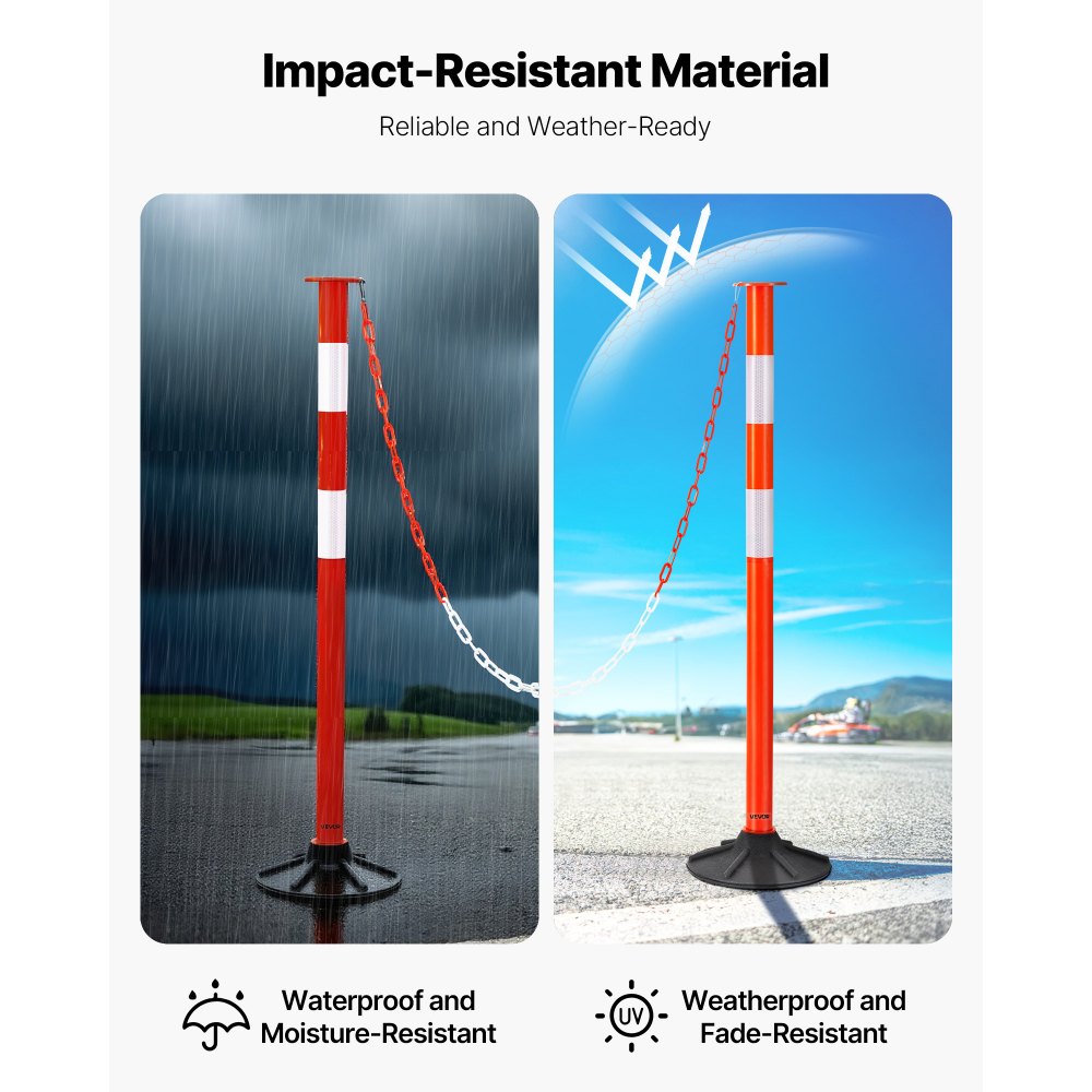 VEVOR 2 Pack Traffic Delineator Posts, 34 in Traffic Safety Cones with Weighted Base, Reflective Strips and Chain, Heavy Duty Delineator Posts for Construction Site, Parking Lot, Crowd Control, Red