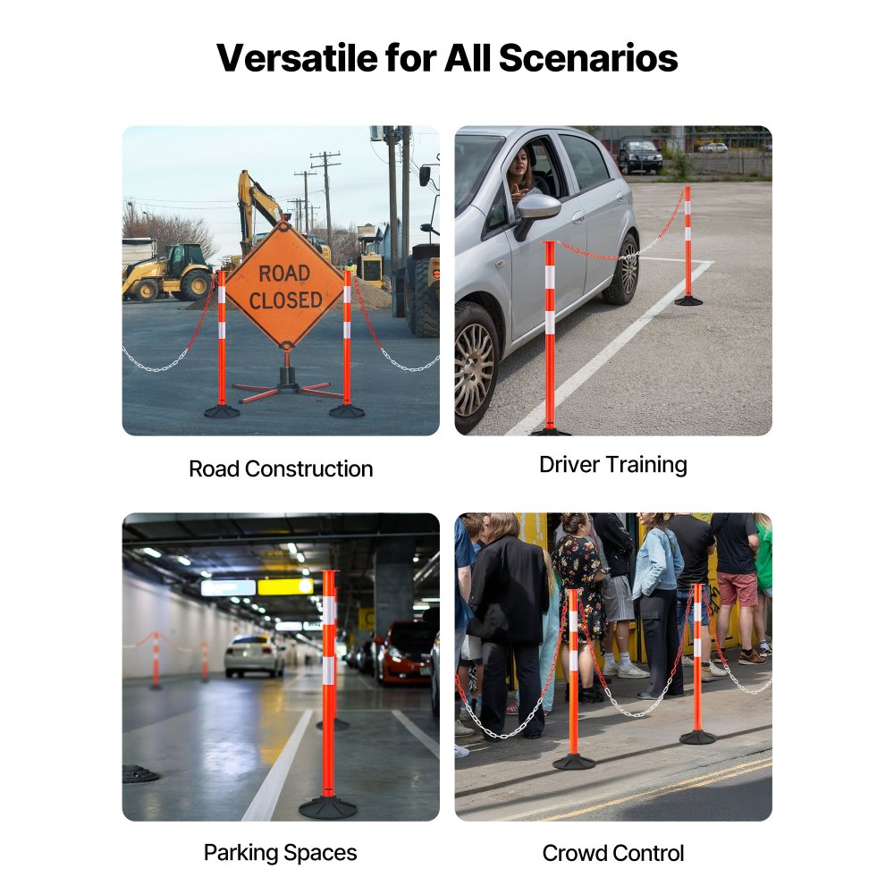 VEVOR 2 Pack Traffic Delineator Posts, 34 in Traffic Safety Cones with Weighted Base, Reflective Strips and Chain, Heavy Duty Delineator Posts for Construction Site, Parking Lot, Crowd Control, Red