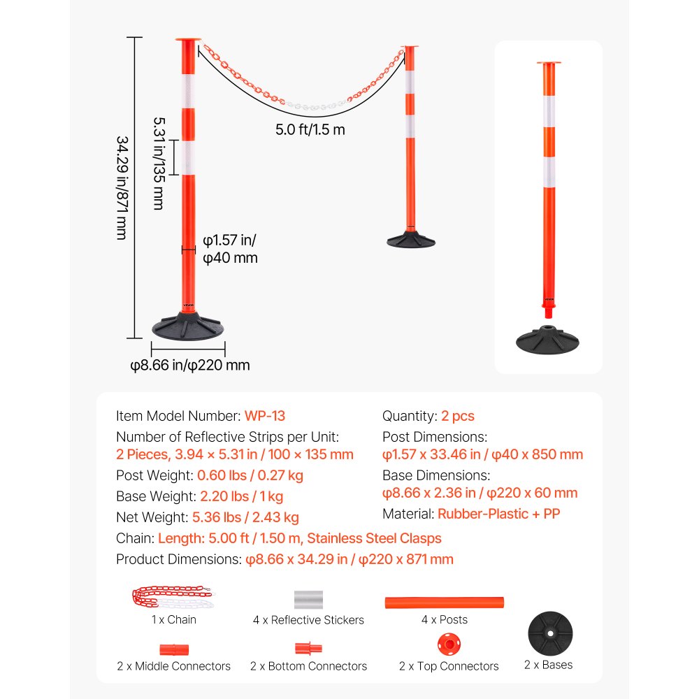 VEVOR 2 Pack Traffic Delineator Posts, 34 in Traffic Safety Cones with Weighted Base, Reflective Strips and Chain, Heavy Duty Delineator Posts for Construction Site, Parking Lot, Crowd Control, Red