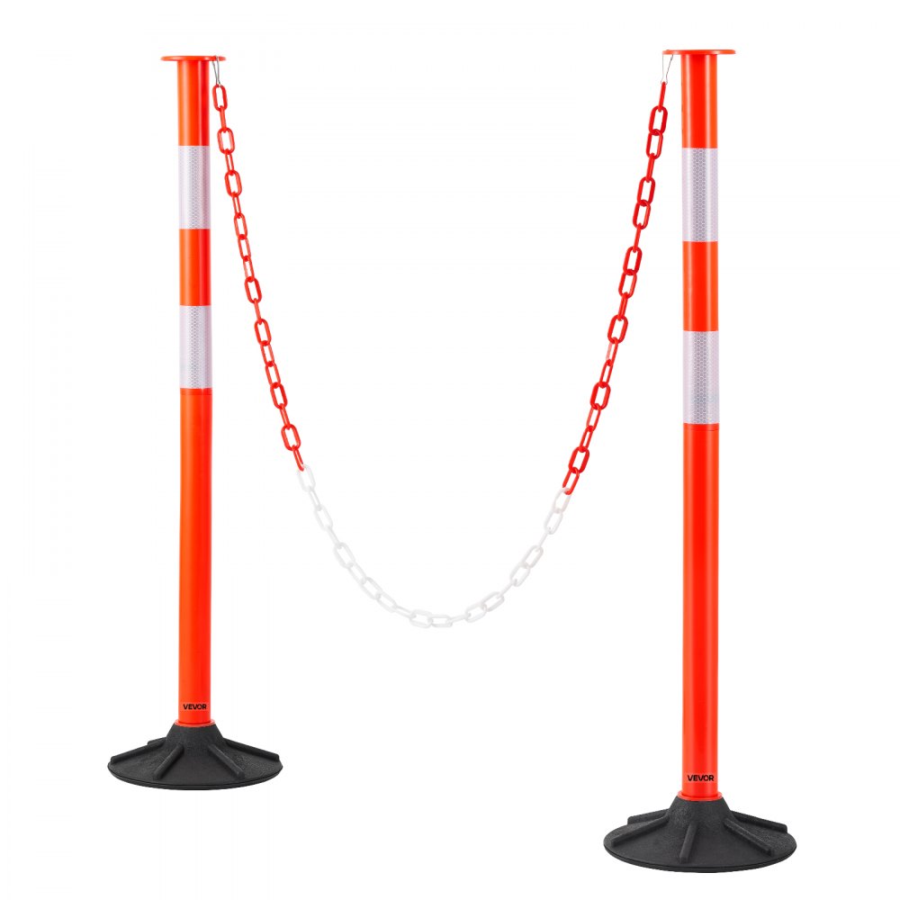VEVOR 2 Pack Traffic Delineator Posts, 34 in Traffic Safety Cones with Weighted Base, Reflective Strips and Chain, Heavy Duty Delineator Posts for Construction Site, Parking Lot, Crowd Control, Red