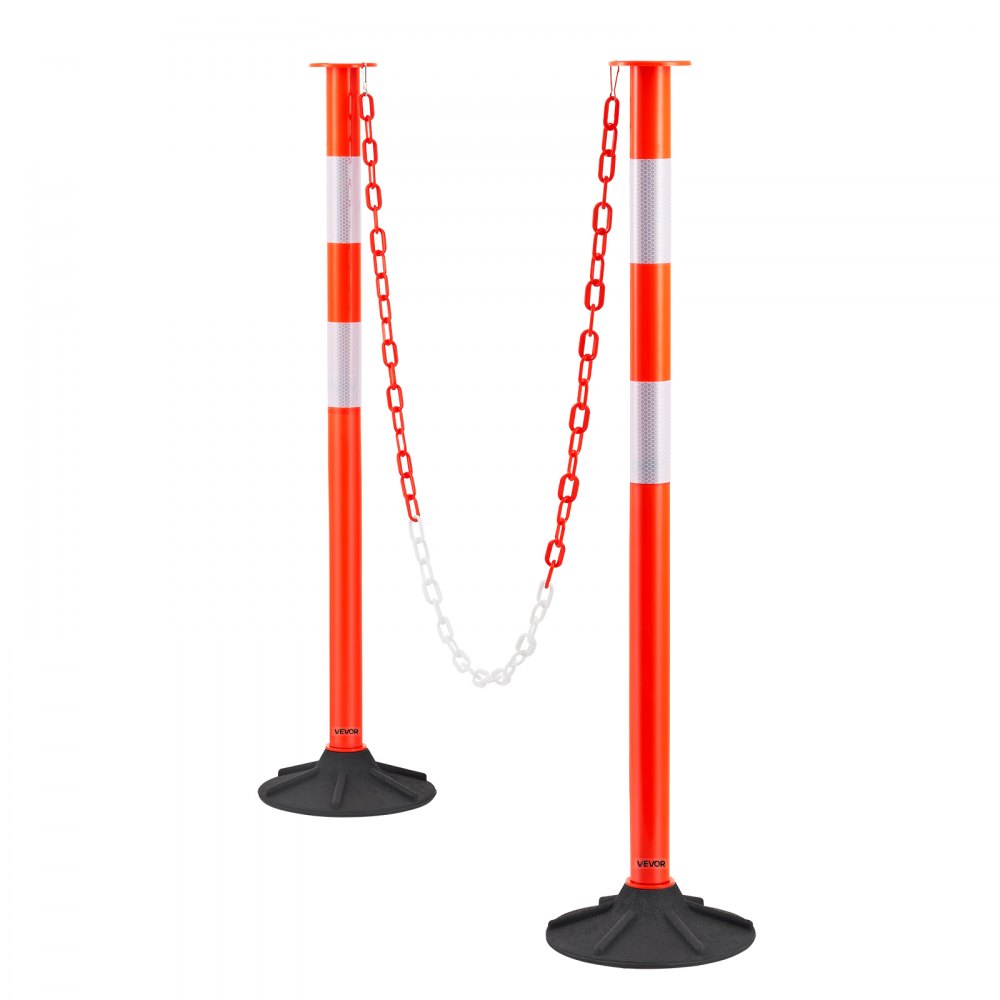 VEVOR 2 Pack Traffic Delineator Posts, 34 in Traffic Safety Cones with Weighted Base, Reflective Strips and Chain, Heavy Duty Delineator Posts for Construction Site, Parking Lot, Crowd Control, Red