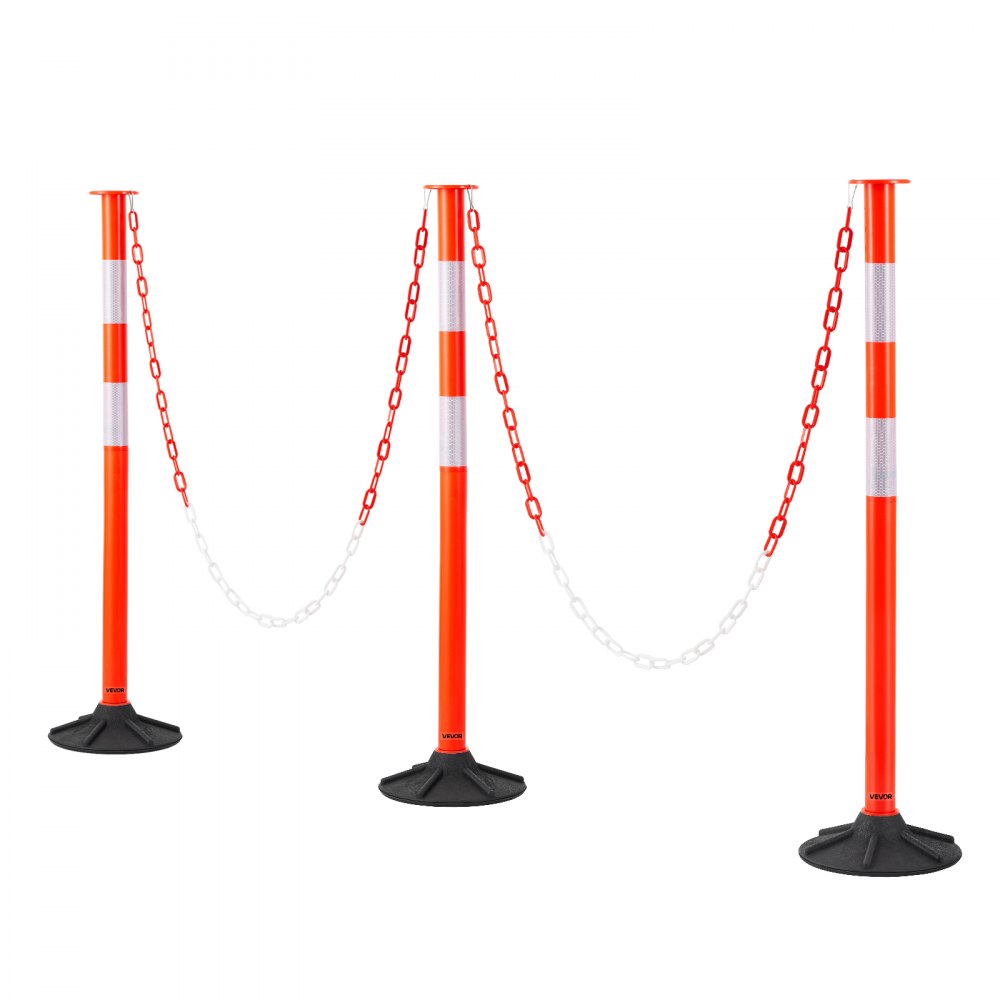 VEVOR 3 Pack Traffic Delineator Posts, 34 in Traffic Safety Cones with Weighted Base, Reflective Strips and Chain, Heavy Duty Delineator Posts for Construction Site, Parking Lot, Crowd Control, Red