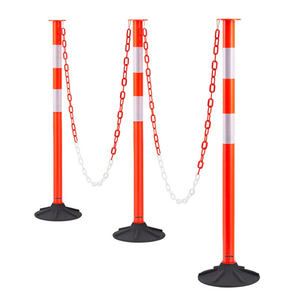 VEVOR 3 Pack Traffic Delineator Posts, 34 in Traffic Safety Cones with Weighted Base, Reflective Strips and Chain, Heavy Duty Delineator Posts for Construction Site, Parking Lot, Crowd Control, Red