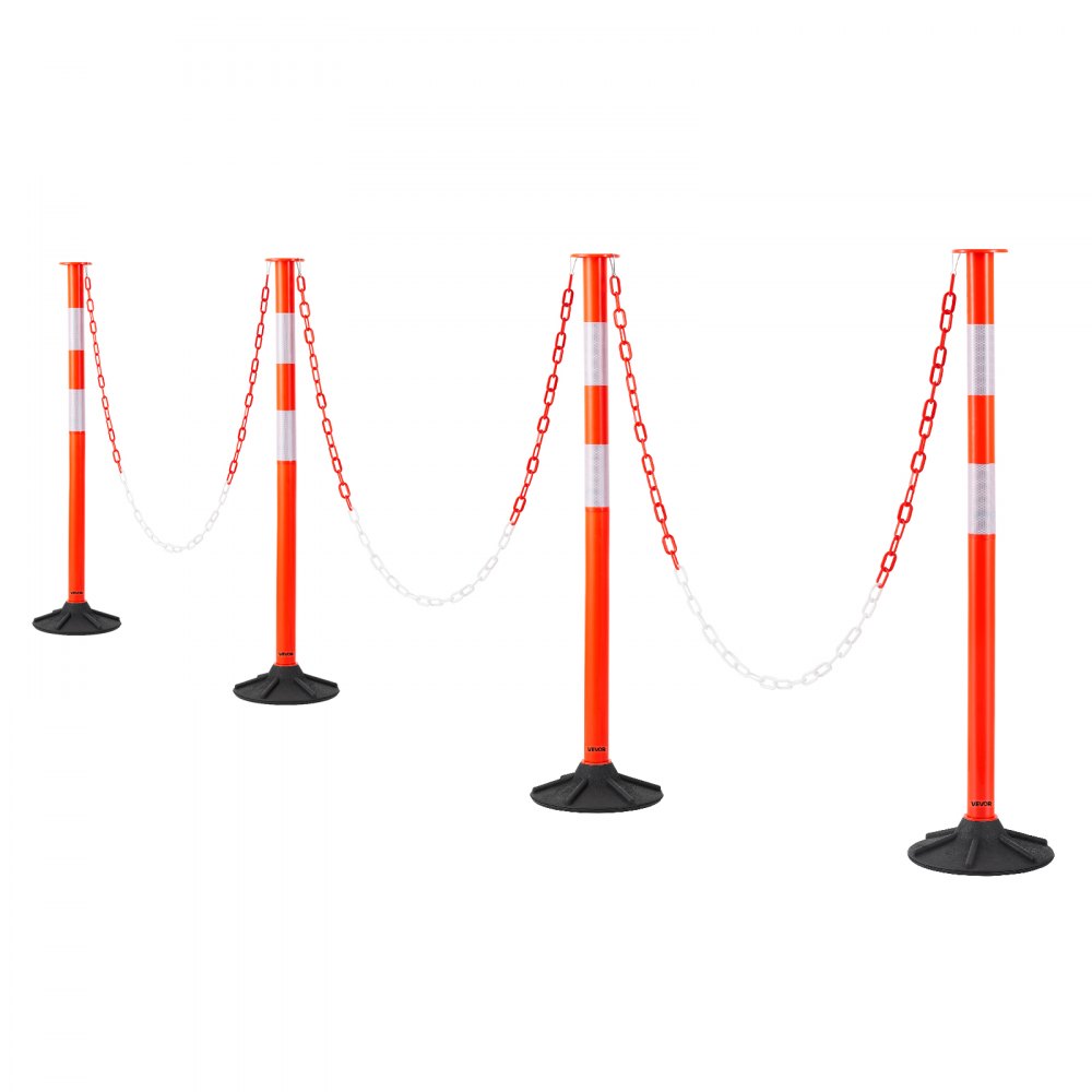 VEVOR 4 Pack Traffic Delineator Posts, 34 in Traffic Safety Cones with Weighted Base, Reflective Strips and Chain, Heavy Duty Delineator Posts for Construction Site, Parking Lot, Crowd Control, Red