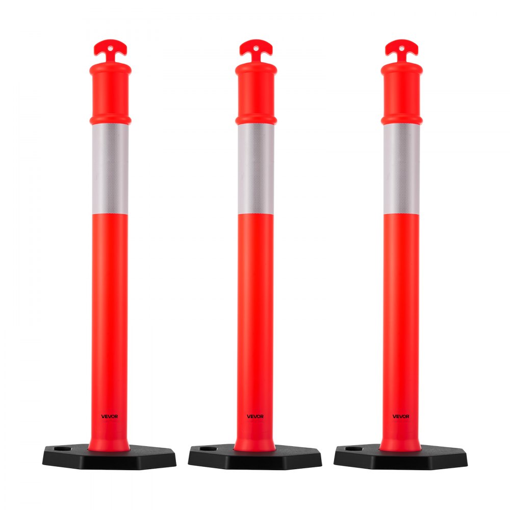 VEVOR 3 Pack Traffic Delineator Posts, 48 inches Traffic Safety Cones with Weighted Base and Reflective Strips, Heavy Duty Delineator Posts for Construction Site, Parking Lot, Crowd Control, Red