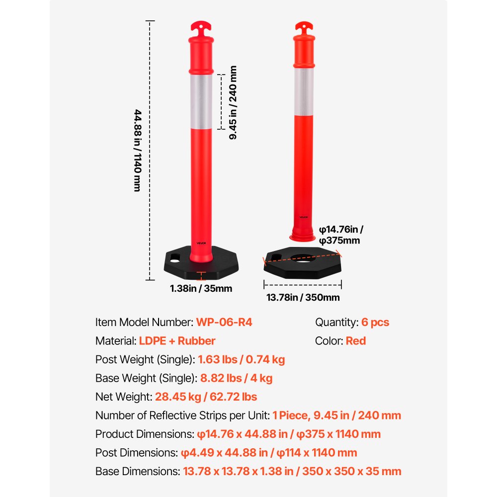 VEVOR 6 Pack Traffic Delineator Posts, 48 inches Traffic Safety Cones with Weighted Base and Reflective Strips, Heavy Duty Delineator Posts for Construction Site, Parking Lot, Crowd Control, Red