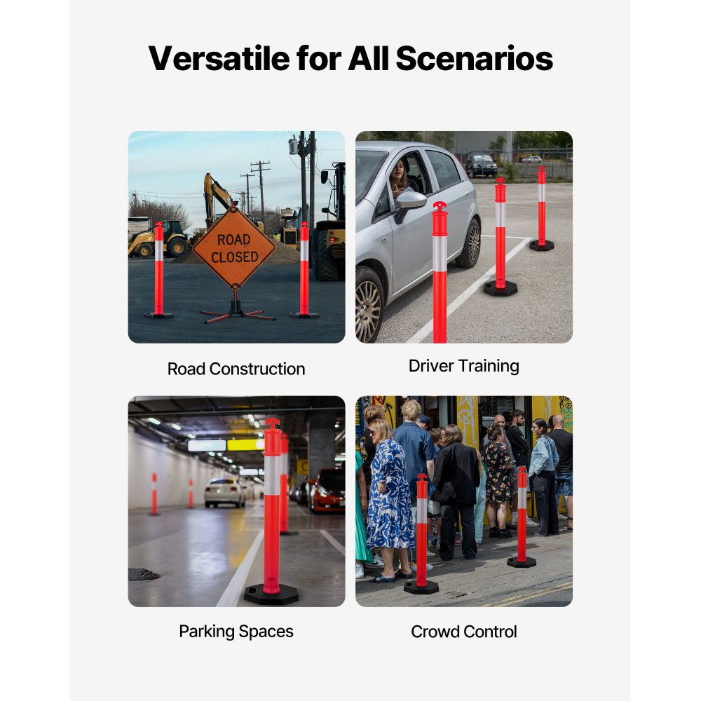 VEVOR 2 Pack Traffic Delineator Posts, 48 inches Traffic Safety Cones with Weighted Base and Reflective Strips, Heavy Duty Delineator Posts for Construction Site, Parking Lot, Crowd Control, Red