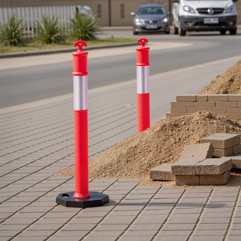VEVOR 2 Pack Traffic Delineator Posts, 48 inches Traffic Safety Cones with Weighted Base and Reflective Strips, Heavy Duty Delineator Posts for Construction Site, Parking Lot, Crowd Control, Red