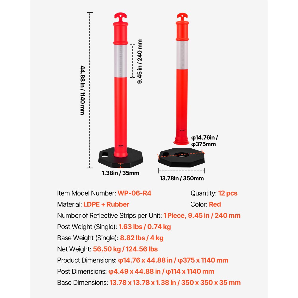 VEVOR 12 Pack Traffic Delineator Posts, 48 inches Traffic Safety Cones with Weighted Base and Reflective Strips, Heavy Duty Delineator Posts for Construction Site, Parking Lot, Crowd Control, Red