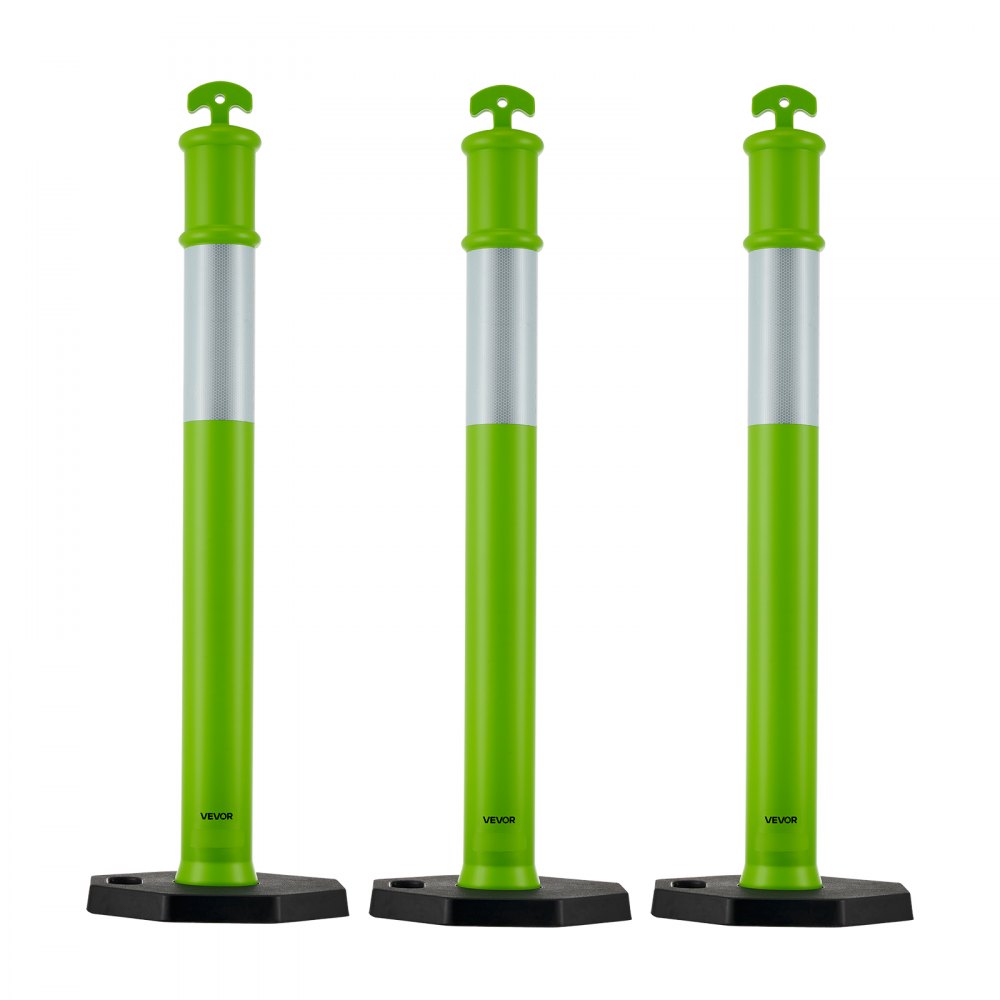 VEVOR 3 Pack Traffic Delineator Posts, 48 inches Traffic Safety Cones with Weighted Base and Reflective Strips, Heavy Duty Delineator Posts for Construction Site, Parking Lot, Crowd Control, Green