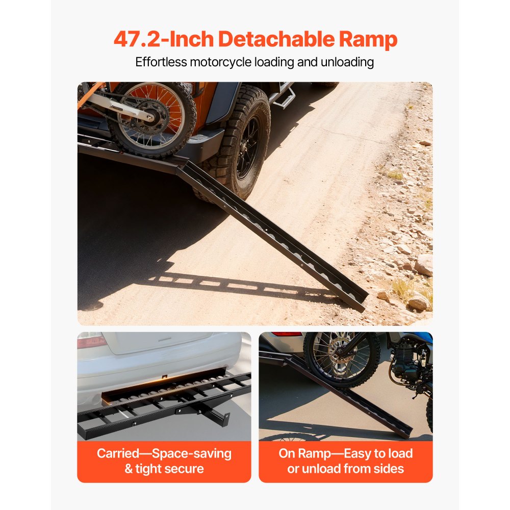 VEVOR Motorcycle Carrier, 500 lbs Capacity, Heavy Duty Steel Hitch Mount Rack with 47in Ramp, Ratchet Straps & Stabilizer, Scooter Dirt Bike Trailer Hauler for Car Truck with 2-Inch Hitch Receiver