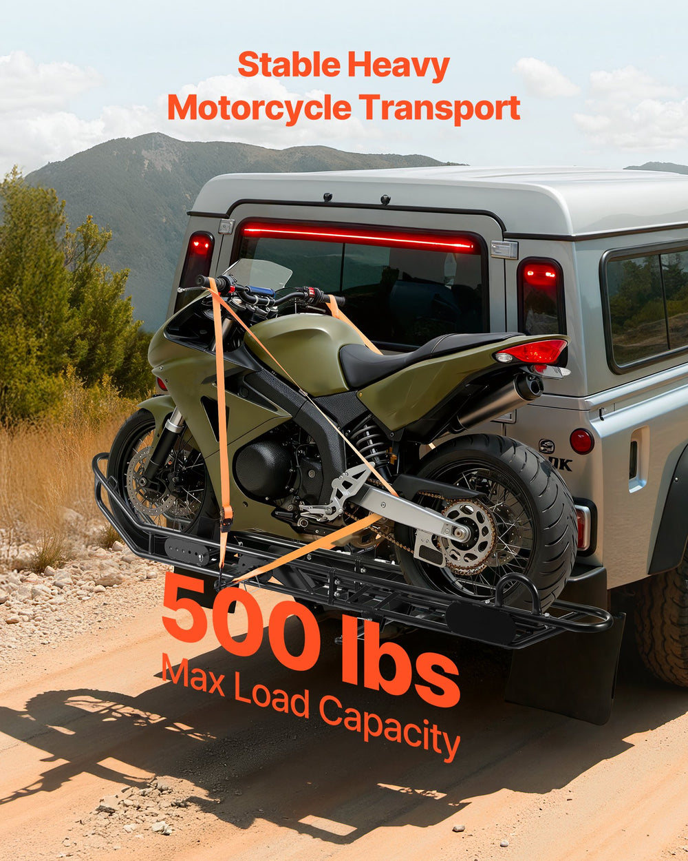 VEVOR motorcycle carrier in use showing 500 lbs max load capacity
