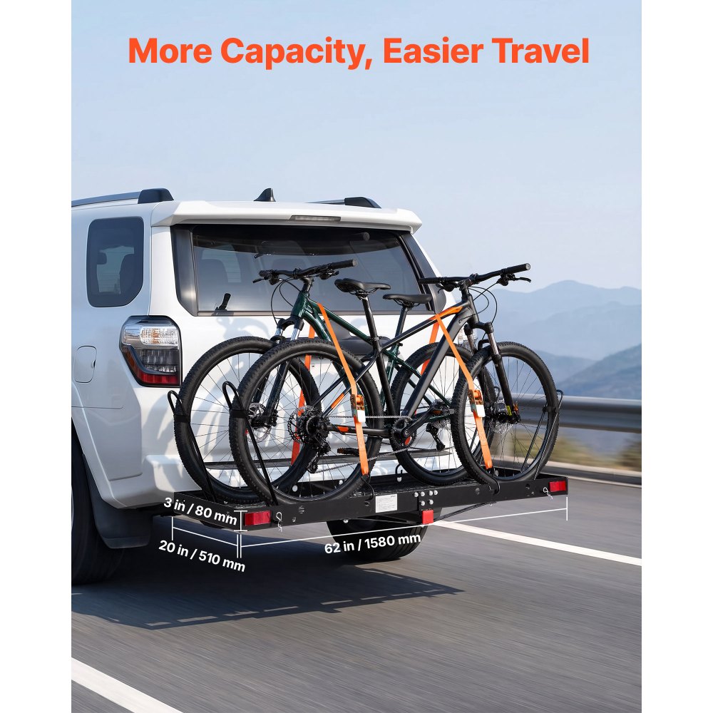 VEVOR Hitch Cargo Carrier with Bike Racks, 62" x 20" x 3" Hitch Mount Cargo Carrier for 2 Mountain Bikes, 500LBS Capacity High-Strength Steel Rear Luggage Basket Fits 2" Receiver for SUVs Pickups