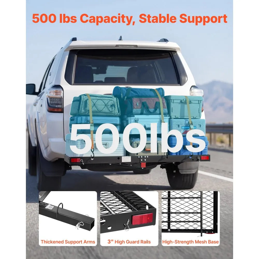 VEVOR Hitch Cargo Carrier with Bike Racks, 62" x 20" x 3" Hitch Mount Cargo Carrier for 2 Mountain Bikes, 500LBS Capacity High-Strength Steel Rear Luggage Basket Fits 2" Receiver for SUVs Pickups