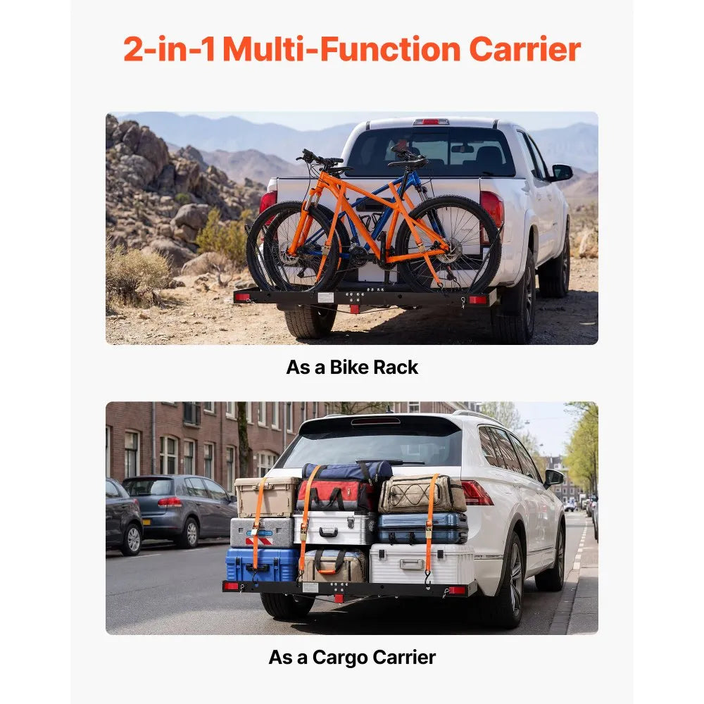 VEVOR Hitch Cargo Carrier with Bike Racks, 62" x 20" x 3" Hitch Mount Cargo Carrier for 2 Mountain Bikes, 500LBS Capacity High-Strength Steel Rear Luggage Basket Fits 2" Receiver for SUVs Pickups