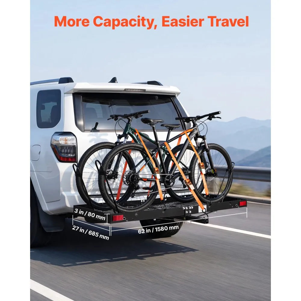 VEVOR Hitch Cargo Carrier with Bike Racks, 62" x 27" x 3" Hitch Mount Cargo Carrier for up to 4 Mountain Bikes, 500LBS Capacity High-Strength Steel Rear Luggage Basket Fits 2" Receiver for SUV Pickups