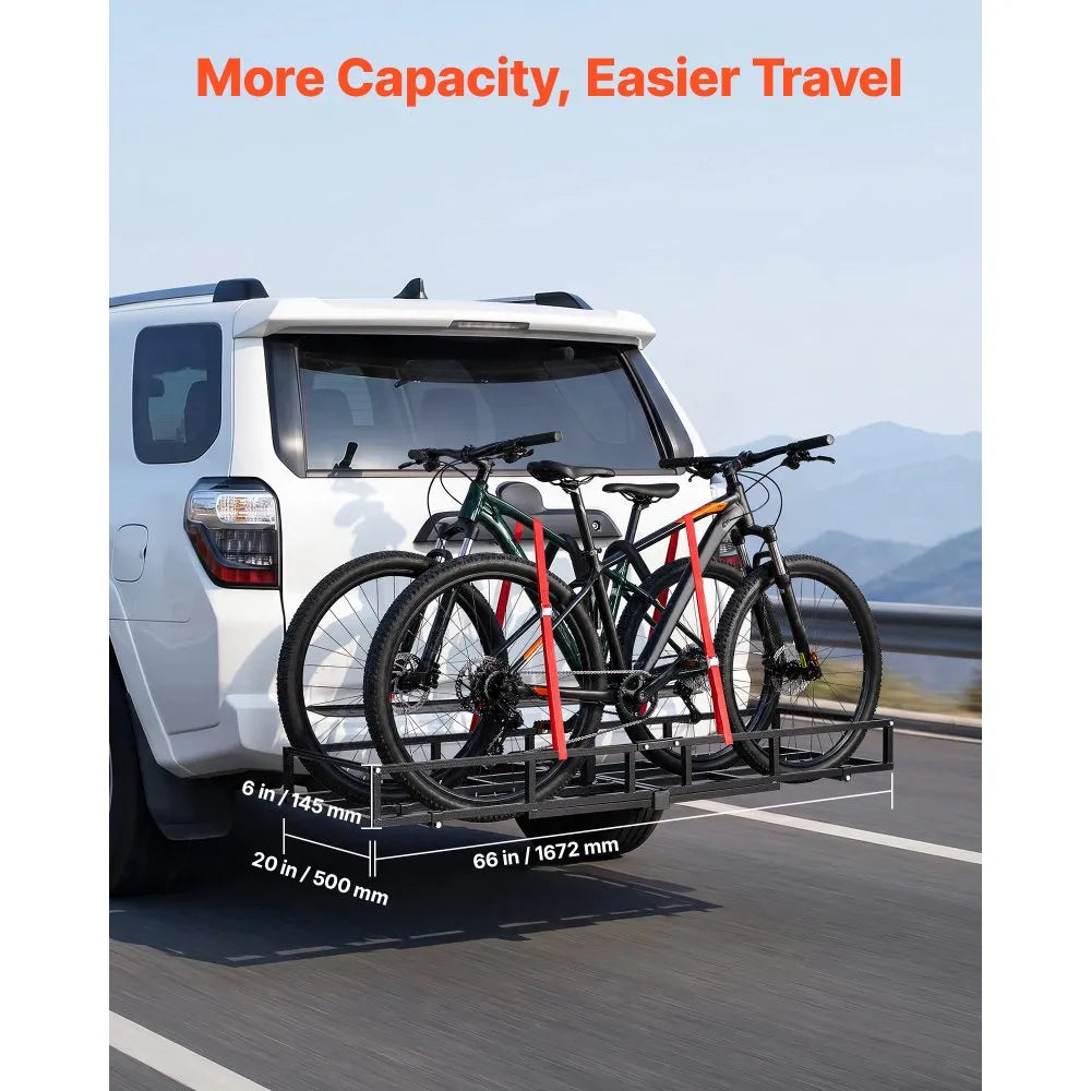VEVOR Hitch Cargo Carrier Bike Rack, 66" x 20" x 6" Folding Hitch Mount Cargo Carrier for 2 Fat Tire/Mountain Bikes, 500LBS Capacity High-Strength Steel Luggage Basket Fits 2" Receiver for SUV Pickups