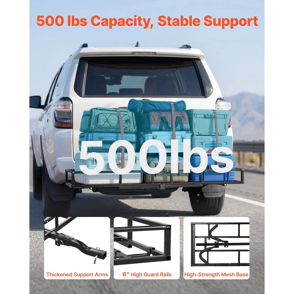 VEVOR Hitch Cargo Carrier Bike Rack, 66" x 20" x 6" Folding Hitch Mount Cargo Carrier for 2 Fat Tire/Mountain Bikes, 500LBS Capacity High-Strength Steel Luggage Basket Fits 2" Receiver for SUV Pickups