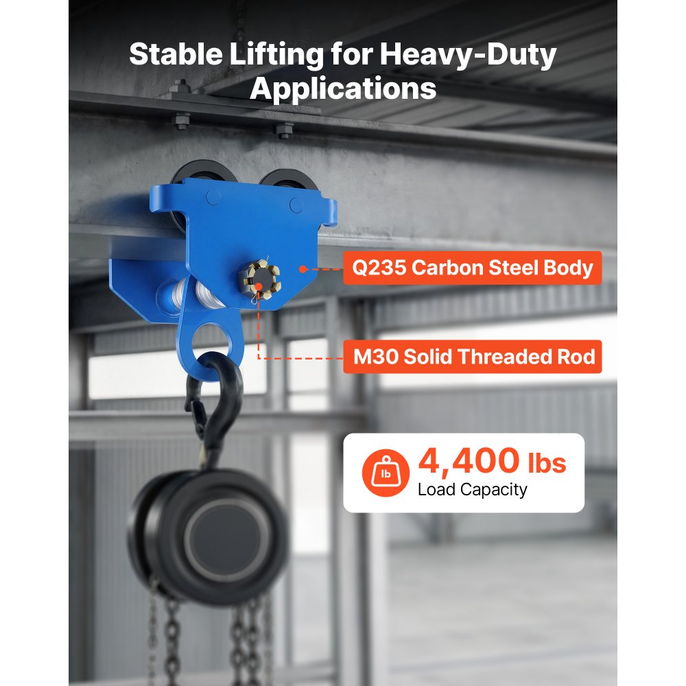 VEVOR Manual Trolley, 4400 lbs/2 Ton Load Capacity, Push Beam Trolley with Dual Wheels, Adjustable for I-Beam Flange Width 2.4" to 7", Heavy Duty Carbon Steel Garage Hoist for Straight & Curved I Beam