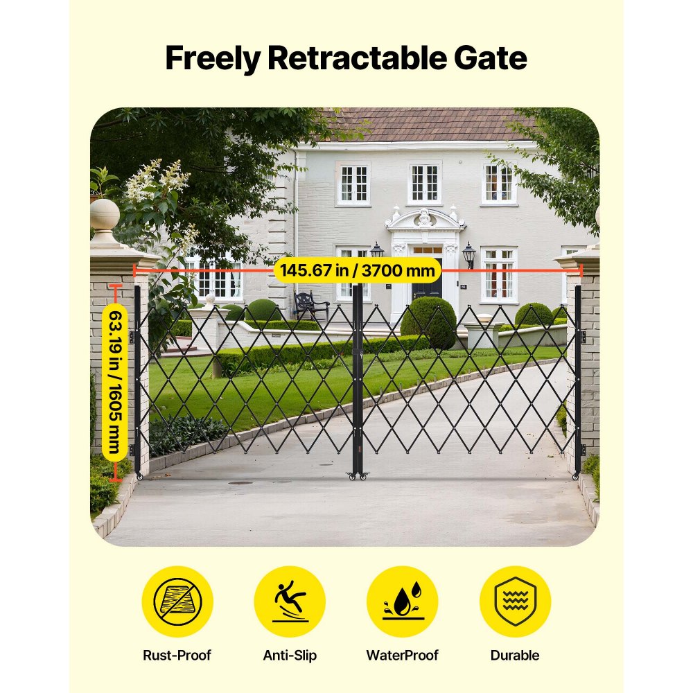 VEVOR Double Folding Security Gate, Lockable Scissor Gate with 360° Swivel Casters, Outdoor Barricade Steel Retractable Gates, for Entry Security, Garage, Warehouse & Pool, 145.67 x 63.19 in (W x H)