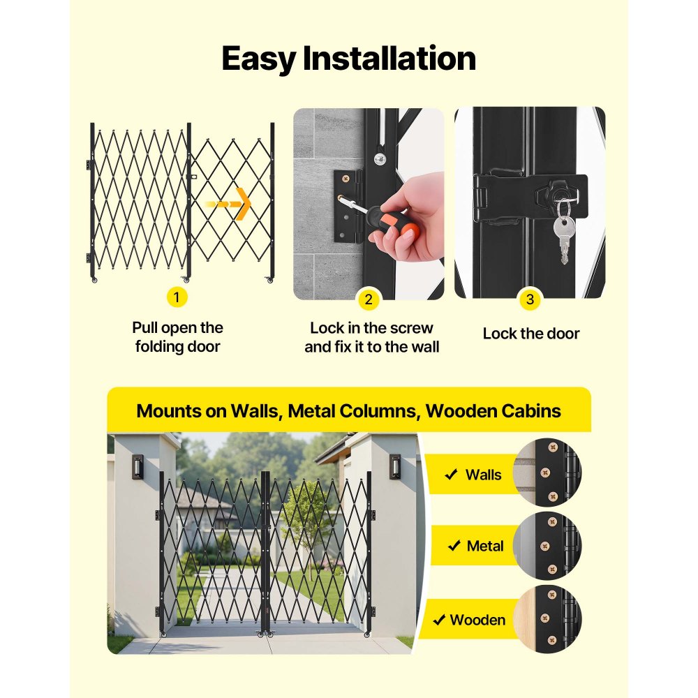 VEVOR Double Folding Security Gate, Lockable Scissor Gate with 360° Swivel Casters, Outdoor Barricade Steel Retractable Gates, for Entry Security, Garage, Warehouse & Pool, 145.67 x 63.19 in (W x H)