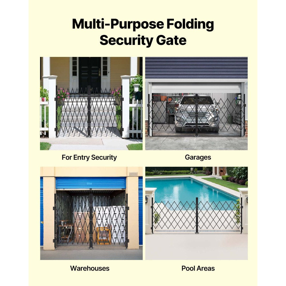 VEVOR Double Folding Security Gate, Lockable Scissor Gate with 360° Swivel Casters, Outdoor Barricade Steel Retractable Gates, for Entry Security, Garage, Warehouse & Pool, 145.67 x 63.19 in (W x H)