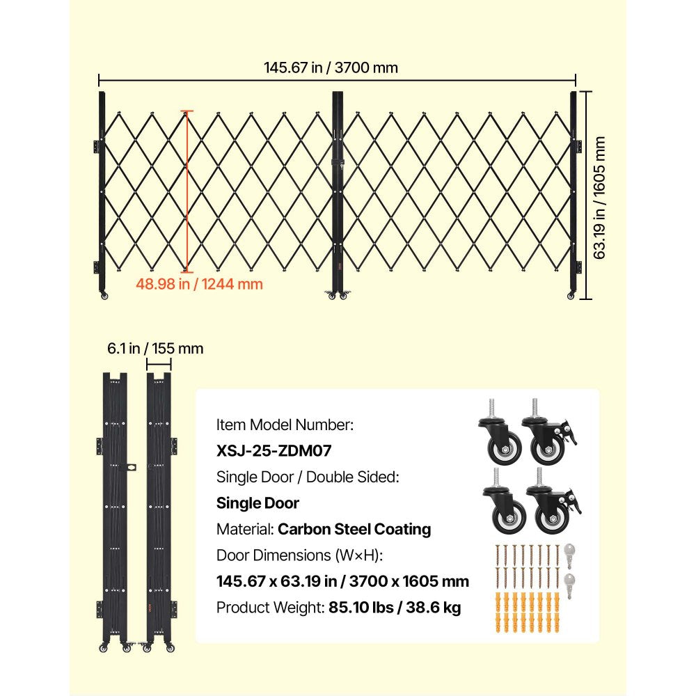 VEVOR Double Folding Security Gate, Lockable Scissor Gate with 360° Swivel Casters, Outdoor Barricade Steel Retractable Gates, for Entry Security, Garage, Warehouse & Pool, 145.67 x 63.19 in (W x H)
