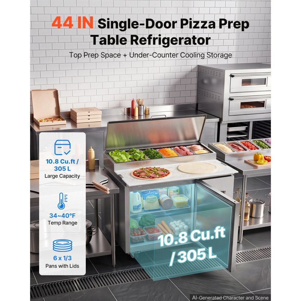 VEVOR 44"W Commercial Refrigerator 10.8 Cu. Ft Pizza Prep Table Fridge, 19" Ultra Wide Cutting Board Salad Refrigerated Worktop, Mega Top Stainless Steel Food Prep Cooler, 6 x 1/3 Pans with Lids