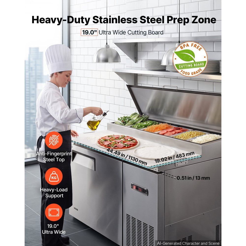 VEVOR 44"W Commercial Refrigerator 10.8 Cu. Ft Pizza Prep Table Fridge, 19" Ultra Wide Cutting Board Salad Refrigerated Worktop, Mega Top Stainless Steel Food Prep Cooler, 6 x 1/3 Pans with Lids