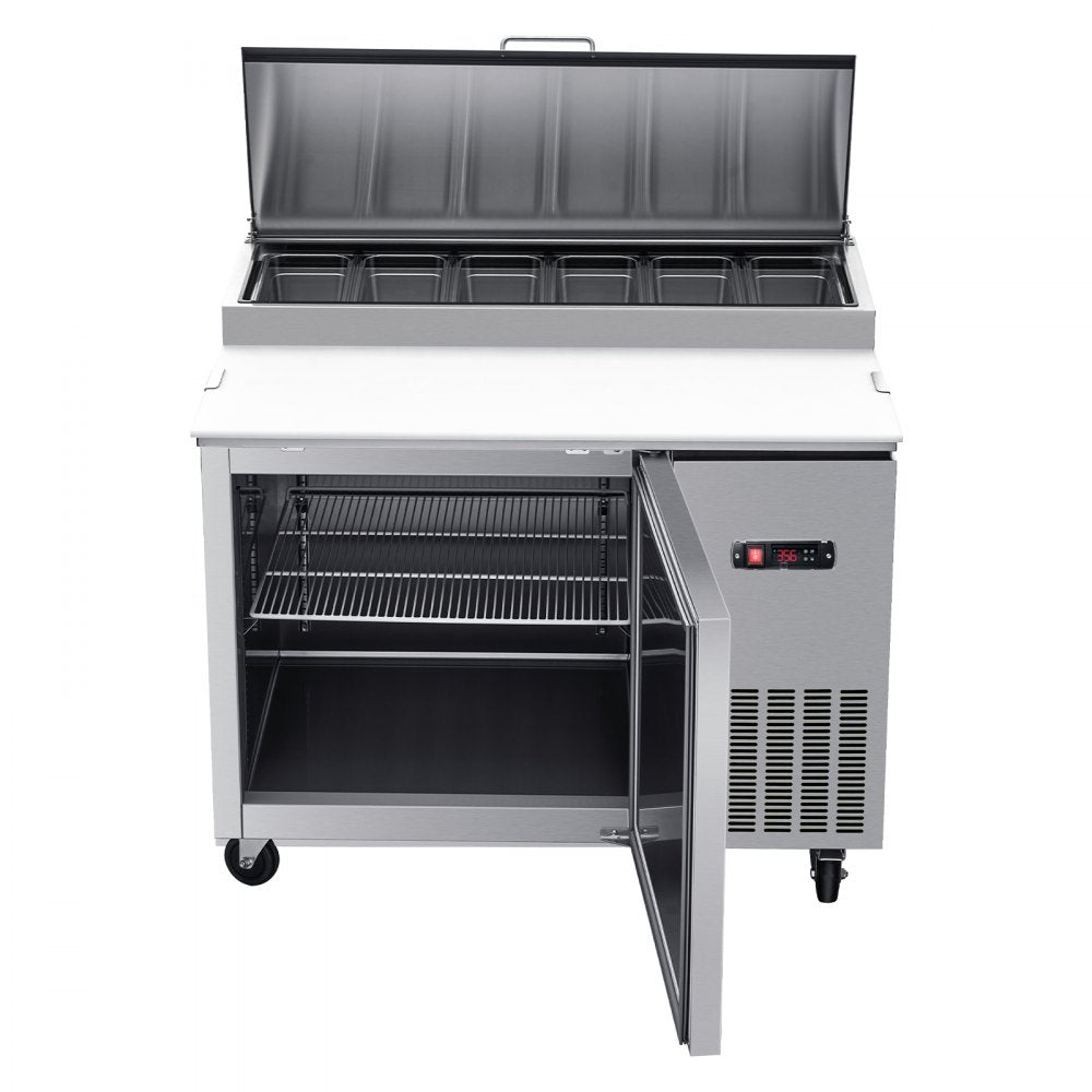 VEVOR 44"W Commercial Refrigerator 10.8 Cu. Ft Pizza Prep Table Fridge, 19" Ultra Wide Cutting Board Salad Refrigerated Worktop, Mega Top Stainless Steel Food Prep Cooler, 6 x 1/3 Pans with Lids