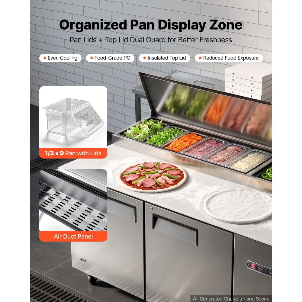 VEVOR 67"W Commercial Refrigerator 19.4 Cu. Ft Pizza Prep Table Fridge, 19" Ultra Wide Cutting Board Salad Refrigerated Worktop, Mega Top Stainless Steel Food Prep Cooler, 9 x 1/3 Pans with Lids