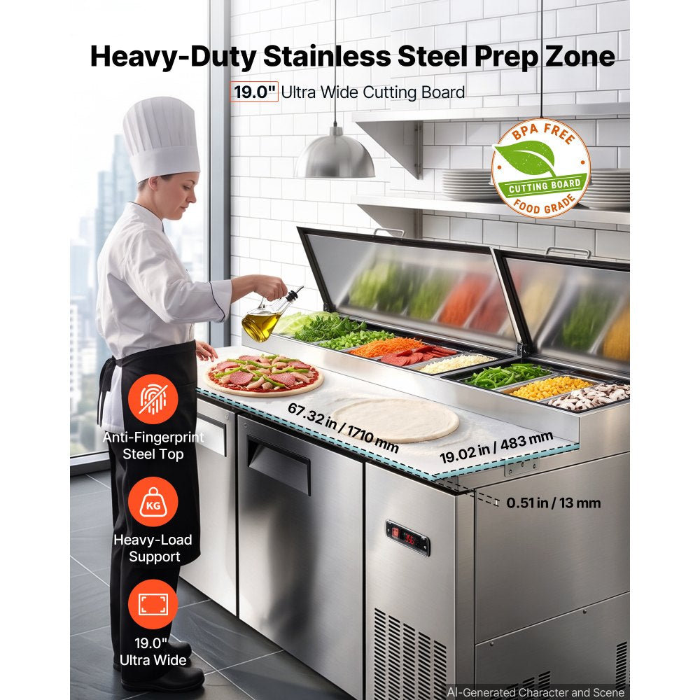 VEVOR 67"W Commercial Refrigerator 19.4 Cu. Ft Pizza Prep Table Fridge, 19" Ultra Wide Cutting Board Salad Refrigerated Worktop, Mega Top Stainless Steel Food Prep Cooler, 9 x 1/3 Pans with Lids