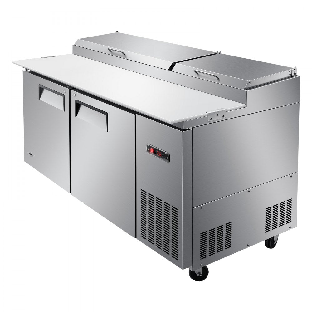 VEVOR 67"W Commercial Refrigerator 19.4 Cu. Ft Pizza Prep Table Fridge, 19" Ultra Wide Cutting Board Salad Refrigerated Worktop, Mega Top Stainless Steel Food Prep Cooler, 9 x 1/3 Pans with Lids