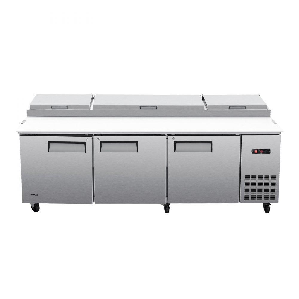 VEVOR 94"W Commercial Refrigerator 29.6 Cu. Ft Pizza Prep Table Fridge, 19" Ultra Wide Cutting Board Salad Refrigerated Worktop, Mega Top Stainless Steel Food Prep Cooler, 12 x 1/3 Pans with Lids