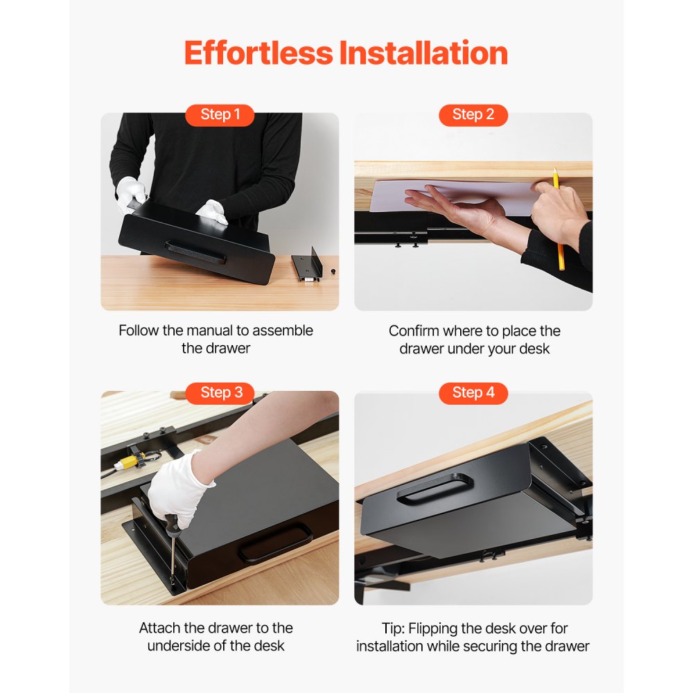 VEVOR 13" Wide Under Desk Drawer Slide Out, Under Desk Mounted Pull-out Drawer Attachment, Hidden Desktop Storage Organizer, Under Table Pencil Drawer for office Home Sit Stand Workstation, 15x9x3 in