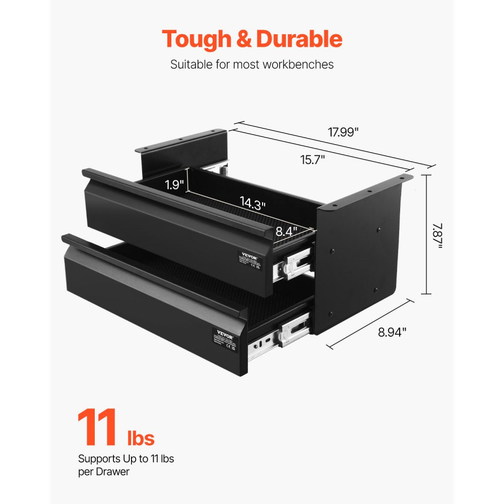 VEVOR 16" Wide Under Desk Drawer Slide Out, Under Desk Mounted Pull-out Drawer Attachment, Hidden Desktop 2 Layer Storage Organizer, Under Table Pencil Drawer for Home Sit Stand Workstation, 18x9x8 in