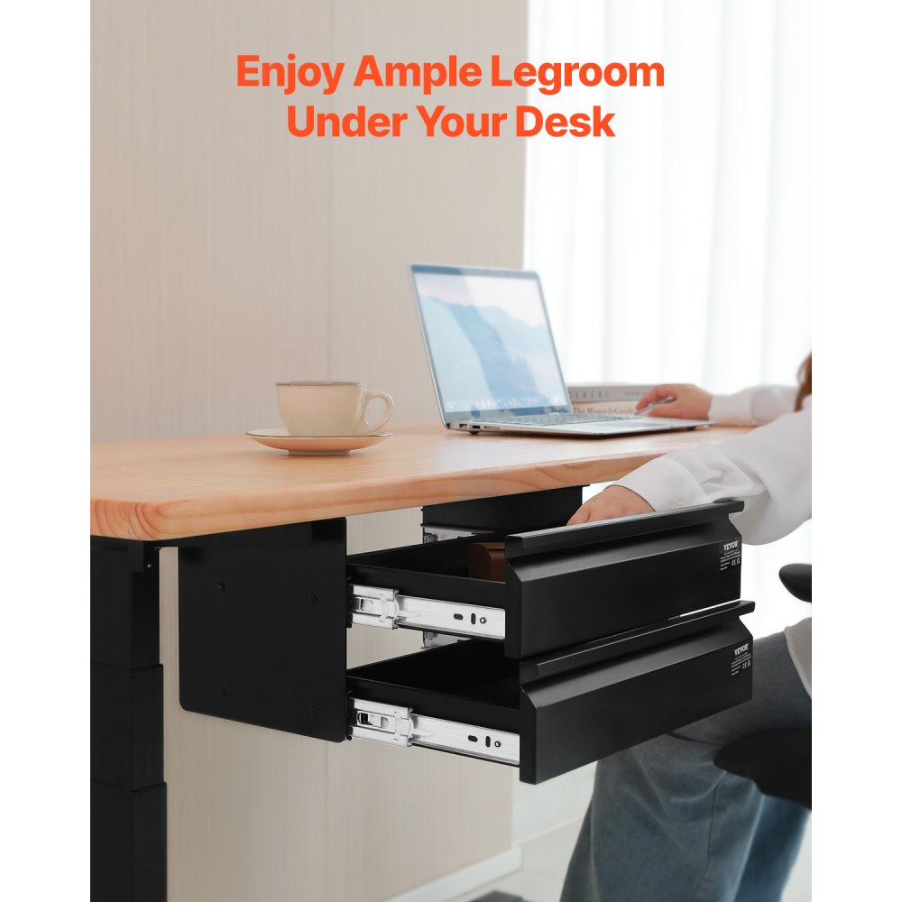 VEVOR 16" Wide Under Desk Drawer Slide Out, Under Desk Mounted Pull-out Drawer Attachment, Hidden Desktop 2 Layer Storage Organizer, Under Table Pencil Drawer for Home Sit Stand Workstation, 18x9x8 in