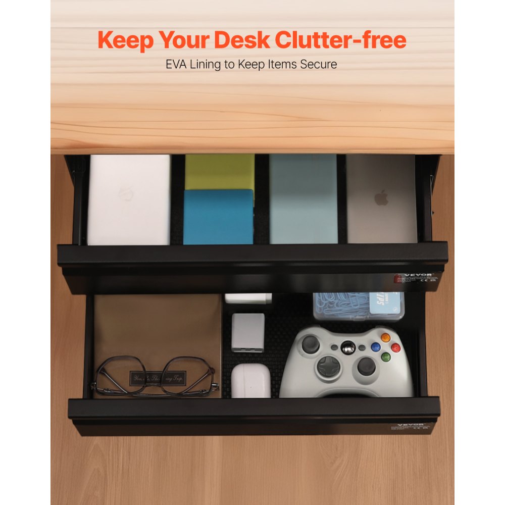 VEVOR 16" Wide Under Desk Drawer Slide Out, Under Desk Mounted Pull-out Drawer Attachment, Hidden Desktop 2 Layer Storage Organizer, Under Table Pencil Drawer for Home Sit Stand Workstation, 18x9x8 in