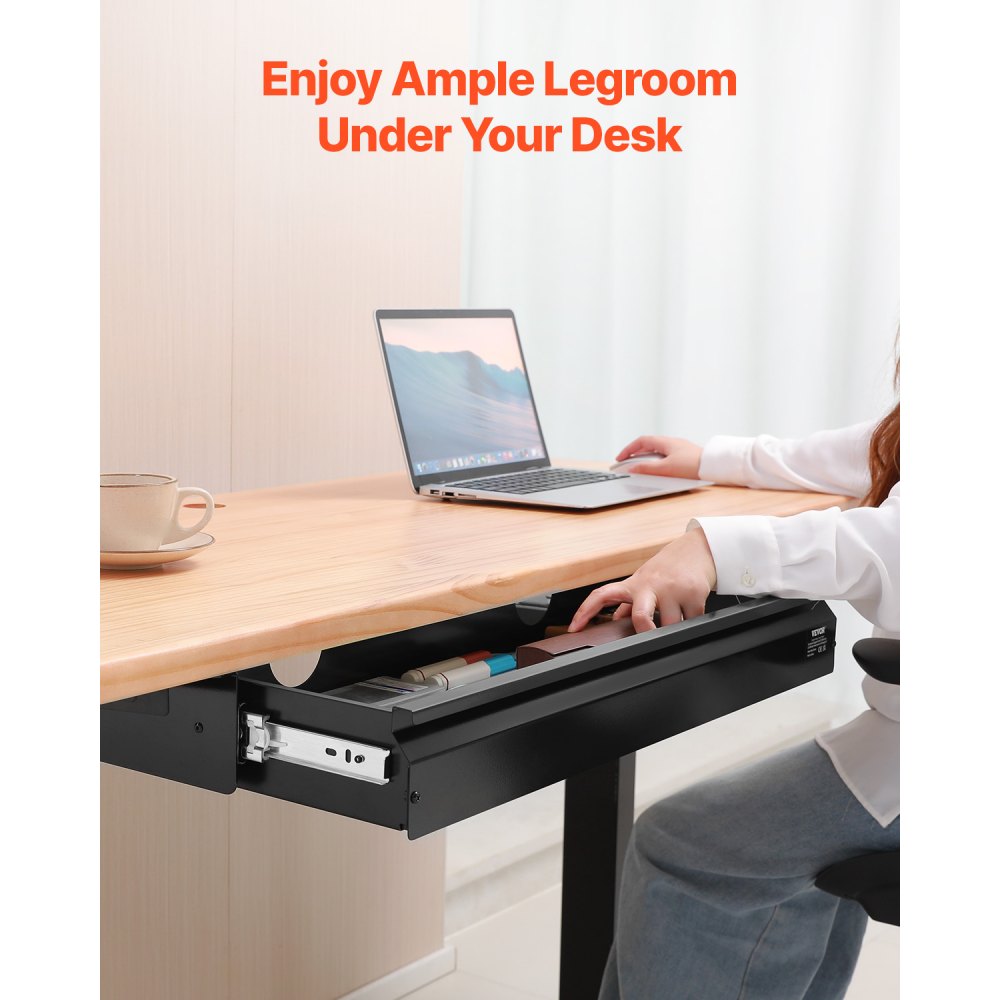 VEVOR 26" Wide Under Desk Drawer Slide Out, Under Desk Mounted Pull-out Drawer Attachment, Hidden Desktop Storage Organizer, Under Table Pencil Drawer for office Home Sit Stand Workstation, 29x9x4 in