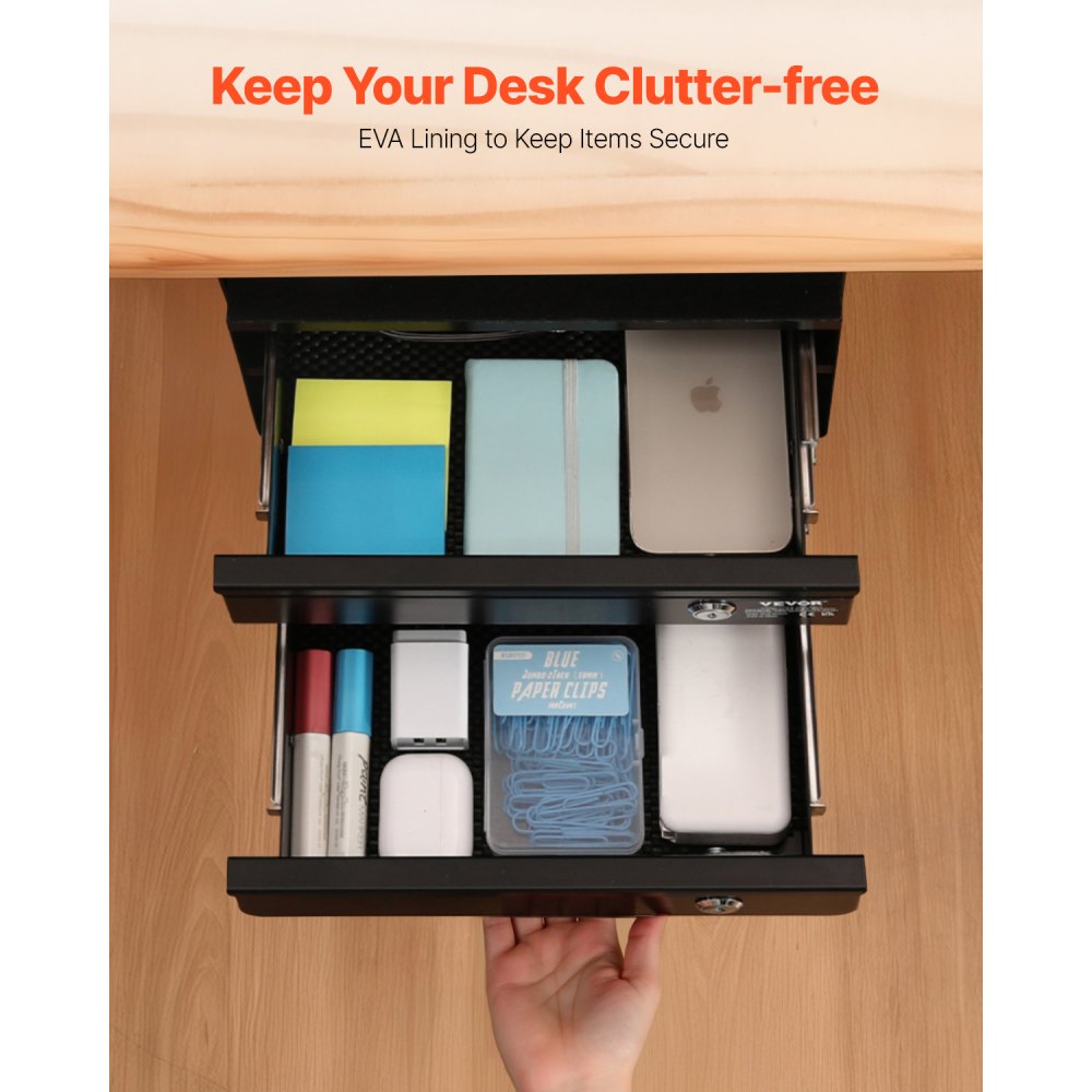 VEVOR 13" Wide Under Desk Drawer Slide Out, Under Table Pull-out Drawer Attachment, Hidden Desktop 2 Layer Storage Organizer, Lockable Undermount Pencil Drawer for Sit Stand Workstation, 14x13x10 in