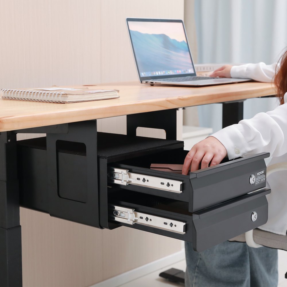 VEVOR 13" Wide Under Desk Drawer Slide Out, Under Table Pull-out Drawer Attachment, Hidden Desktop 2 Layer Storage Organizer, Lockable Undermount Pencil Drawer for Sit Stand Workstation, 14x13x10 in