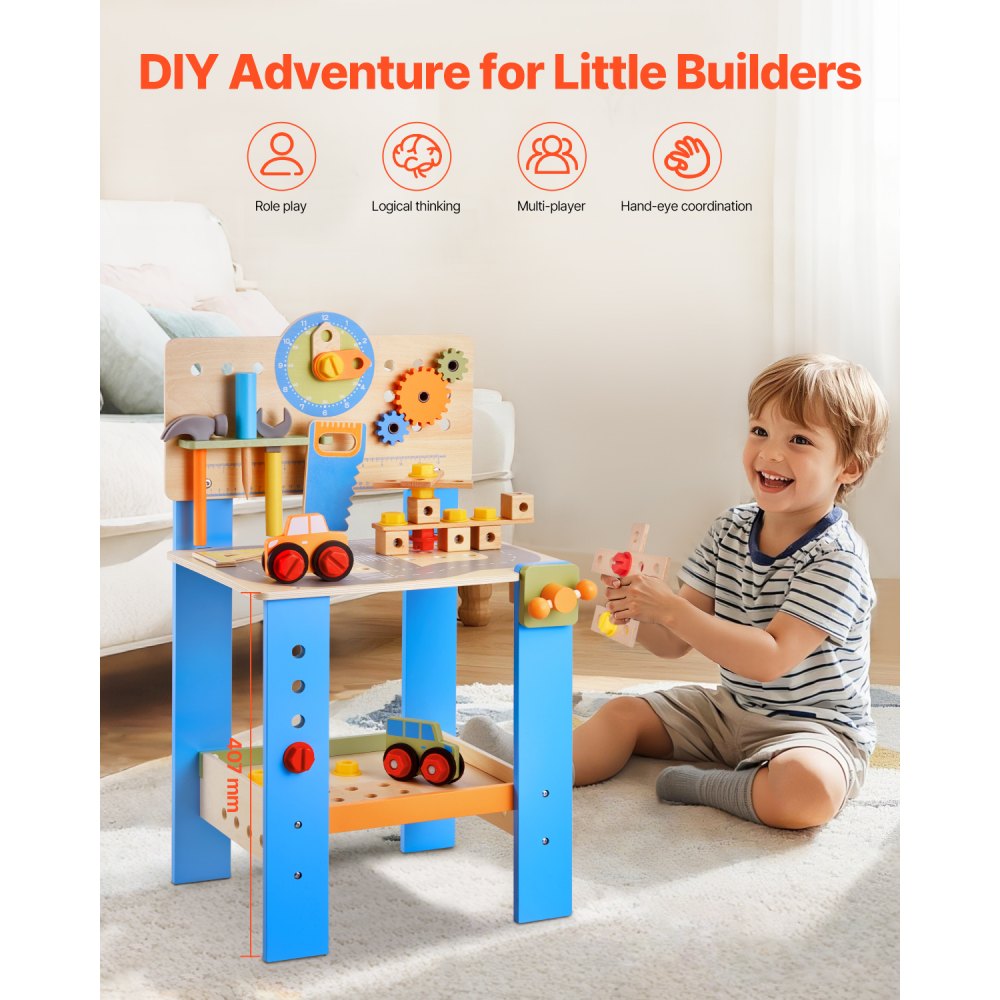 VEVOR Kids Workbench, 62 pcs, Wooden Tool Bench for Kids 3 Years and Up, Toddler Toy Workbench with Realistic Tools, Building Toy Set Creative & Educational Construction Toy for Boys & Girls