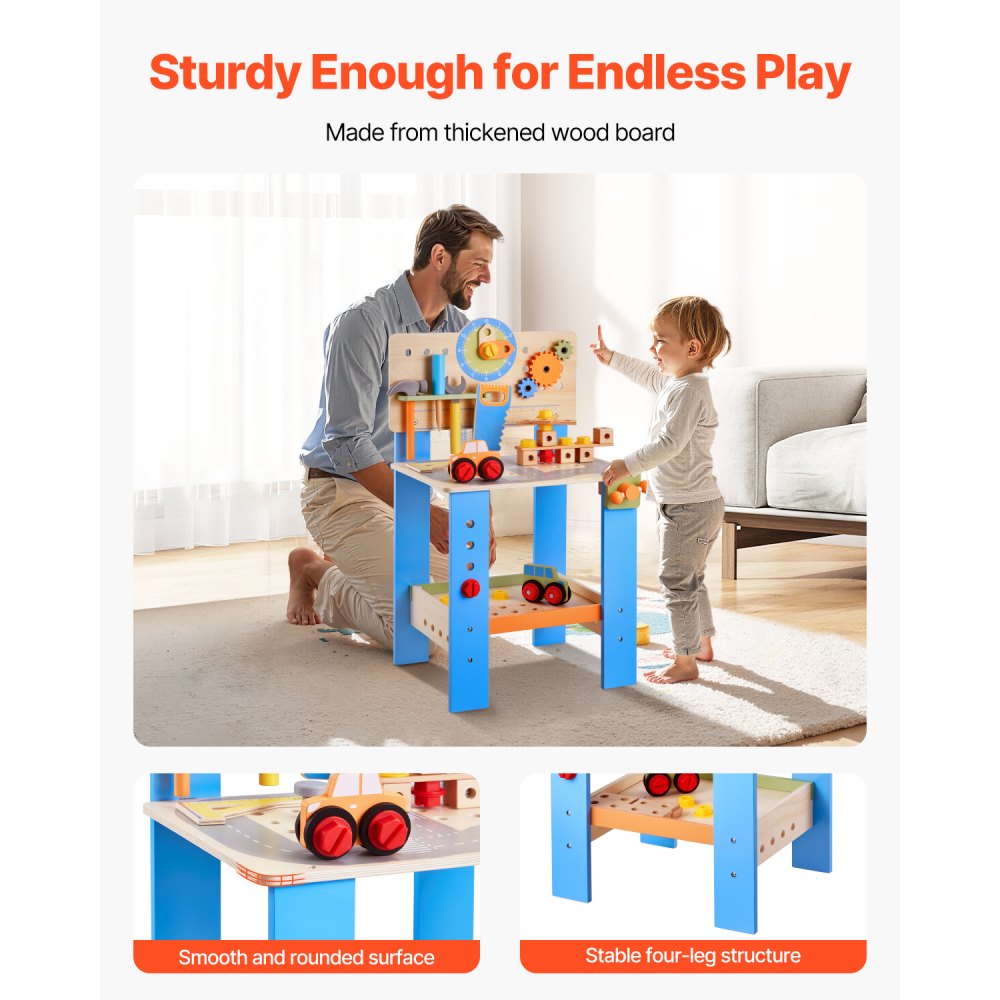 VEVOR Kids Workbench, 62 pcs, Wooden Tool Bench for Kids 3 Years and Up, Toddler Toy Workbench with Realistic Tools, Building Toy Set Creative & Educational Construction Toy for Boys & Girls
