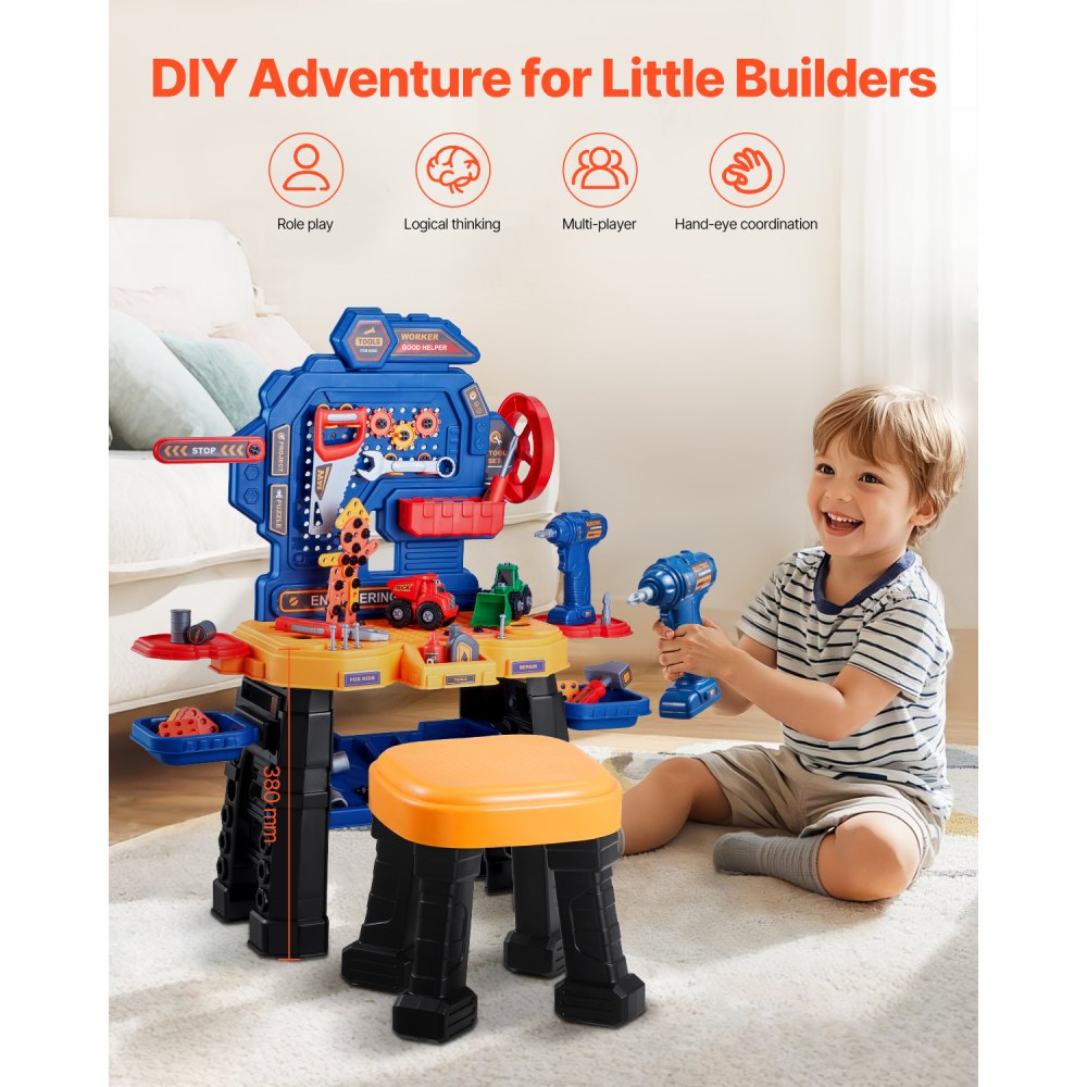 VEVOR Kids Workbench, 181 pcs, Kids Tool Bench with Realistic Tools and Electric Drill, Pretend Play Construction Workbench Toys for Toddlers, Toddler Work Bench Learning Gift for Boys & Girls Age 3+
