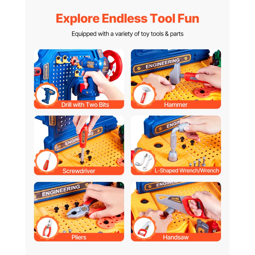 VEVOR Kids Workbench, 181 pcs, Kids Tool Bench with Realistic Tools and Electric Drill, Pretend Play Construction Workbench Toys for Toddlers, Toddler Work Bench Learning Gift for Boys & Girls Age 3+