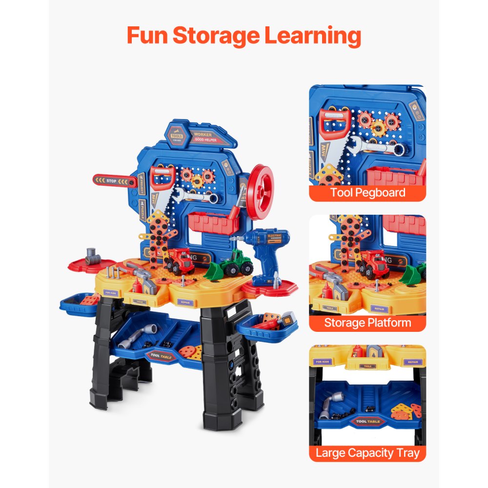 VEVOR Kids Workbench, 181 pcs, Kids Tool Bench with Realistic Tools and Electric Drill, Pretend Play Construction Workbench Toys for Toddlers, Toddler Work Bench Learning Gift for Boys & Girls Age 3+