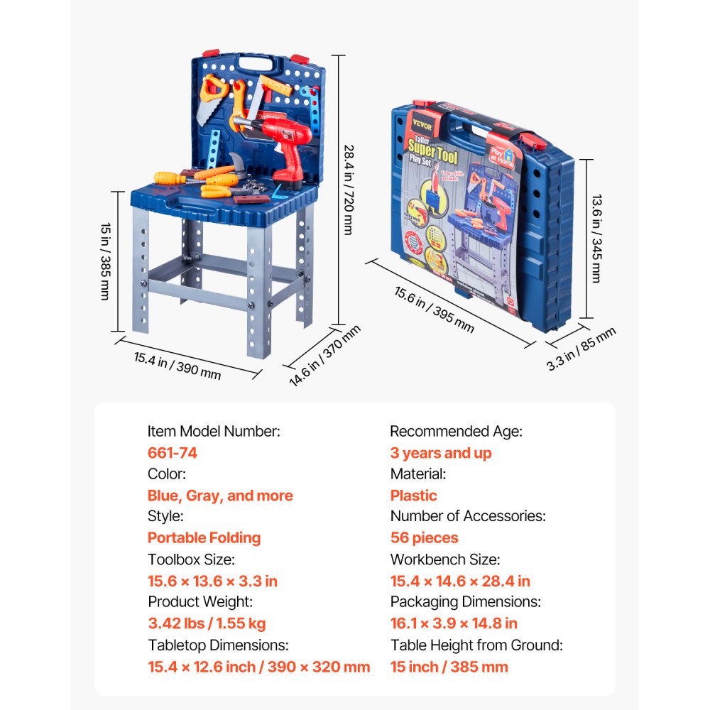 VEVOR Kids Workbench, 56 pcs, Kids Tool Bench with Realistic Tools and Electric Drill, Pretend Play Construction Workbench Toys for Toddlers, Toddler Work Bench Learning Gift for Boys & Girls Age 3+