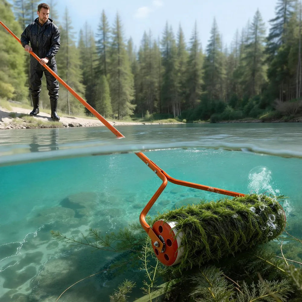 VEVOR Lake Weed Roller, 20 ft Lake & Pond Weed Removal Tool, Muck Razer Aquatic & Sludge Tiller, Rid Roots and Muck Buildup, 6 Preassembled Stainless Steel Blades, 6 Aluminum Handles, Easy Assembly