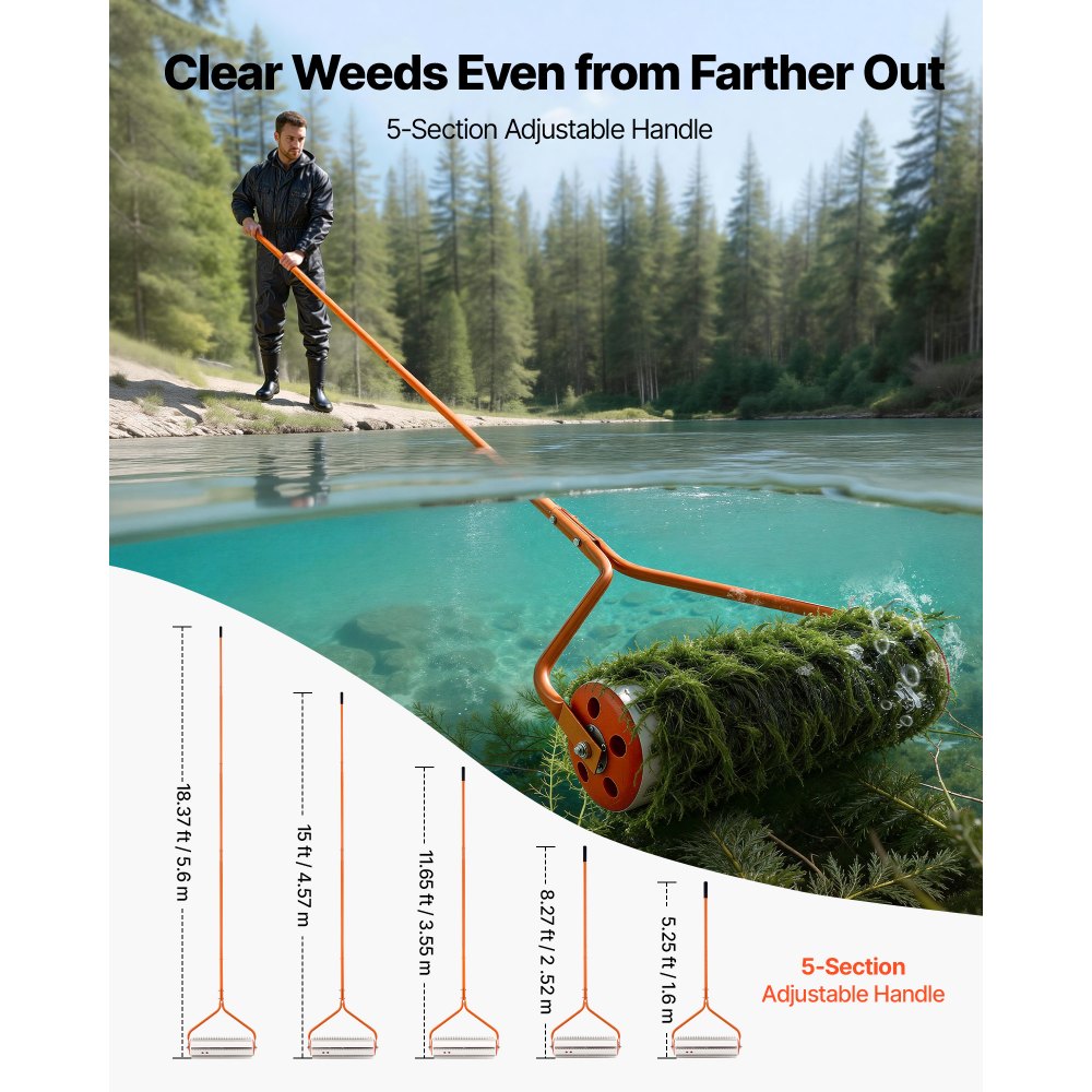 VEVOR Lake Weed Roller, 18 ft Lake & Pond Weed Removal Tool, Muck Razer Aquatic & Sludge Tiller, Rid Roots and Muck Buildup, 6 Preassembled Stainless Steel Blades, 5 Aluminum Handles, Easy Assembly