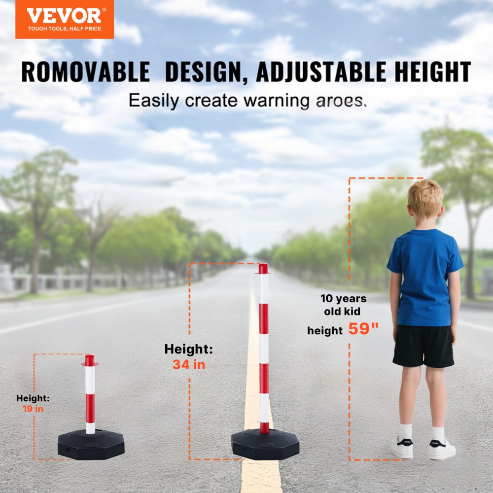 VEVOR Adjustable Traffic Delineator Post Cones, 2 Pack, Traffic Safety Delineator Barrier with Fillable Base 8FT Chain, for Traffic Control Warning Parking Lot Construction Caution Roads, Red & White
